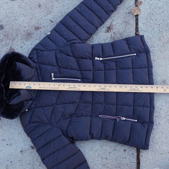 Calvin Klein Black Puffer Coat Women's L Faux Fur Hood Water Resistant - Picture 7 of 12